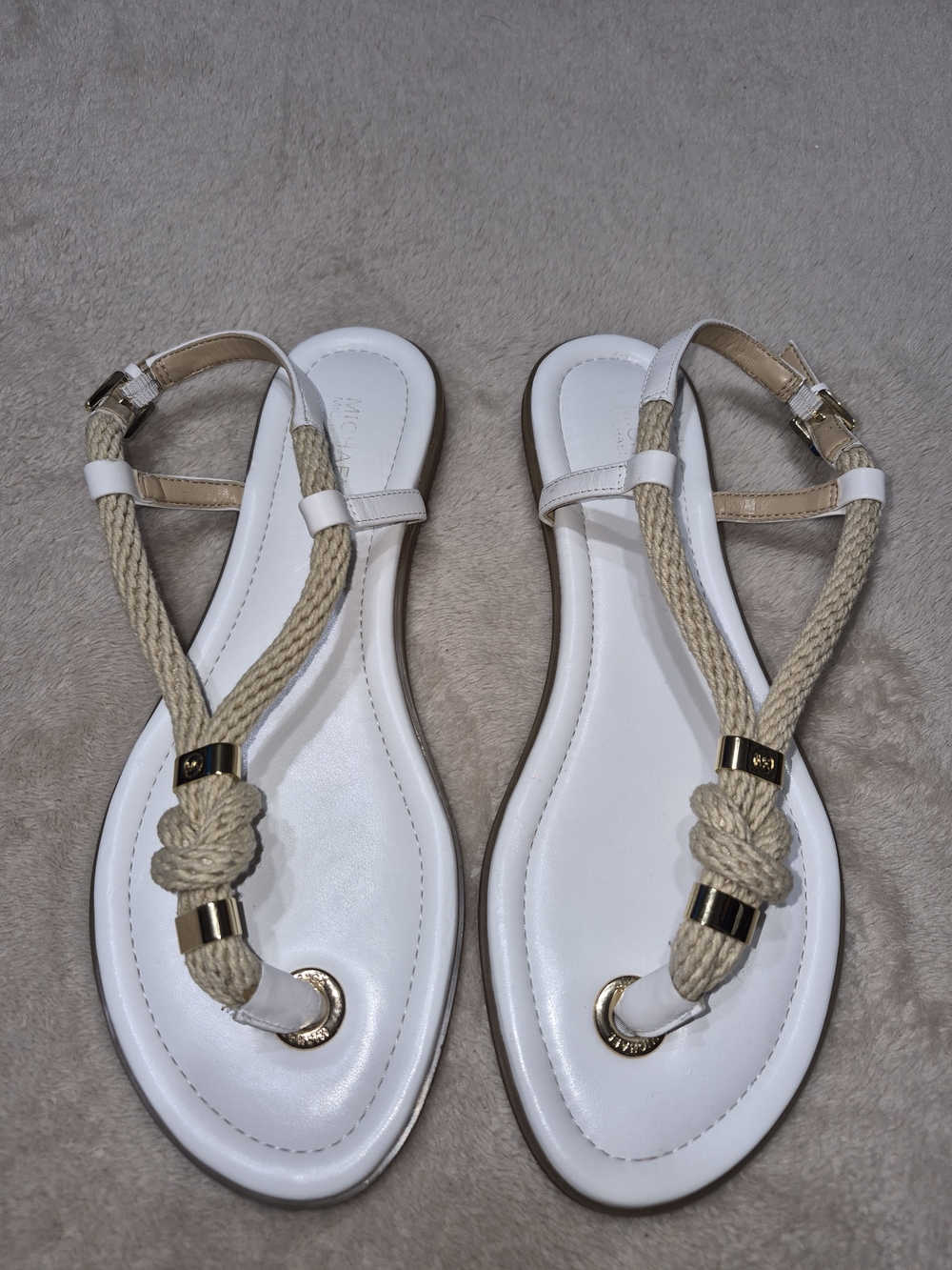 Michael Kors White Rope Thong Sandals with Gold Hardware